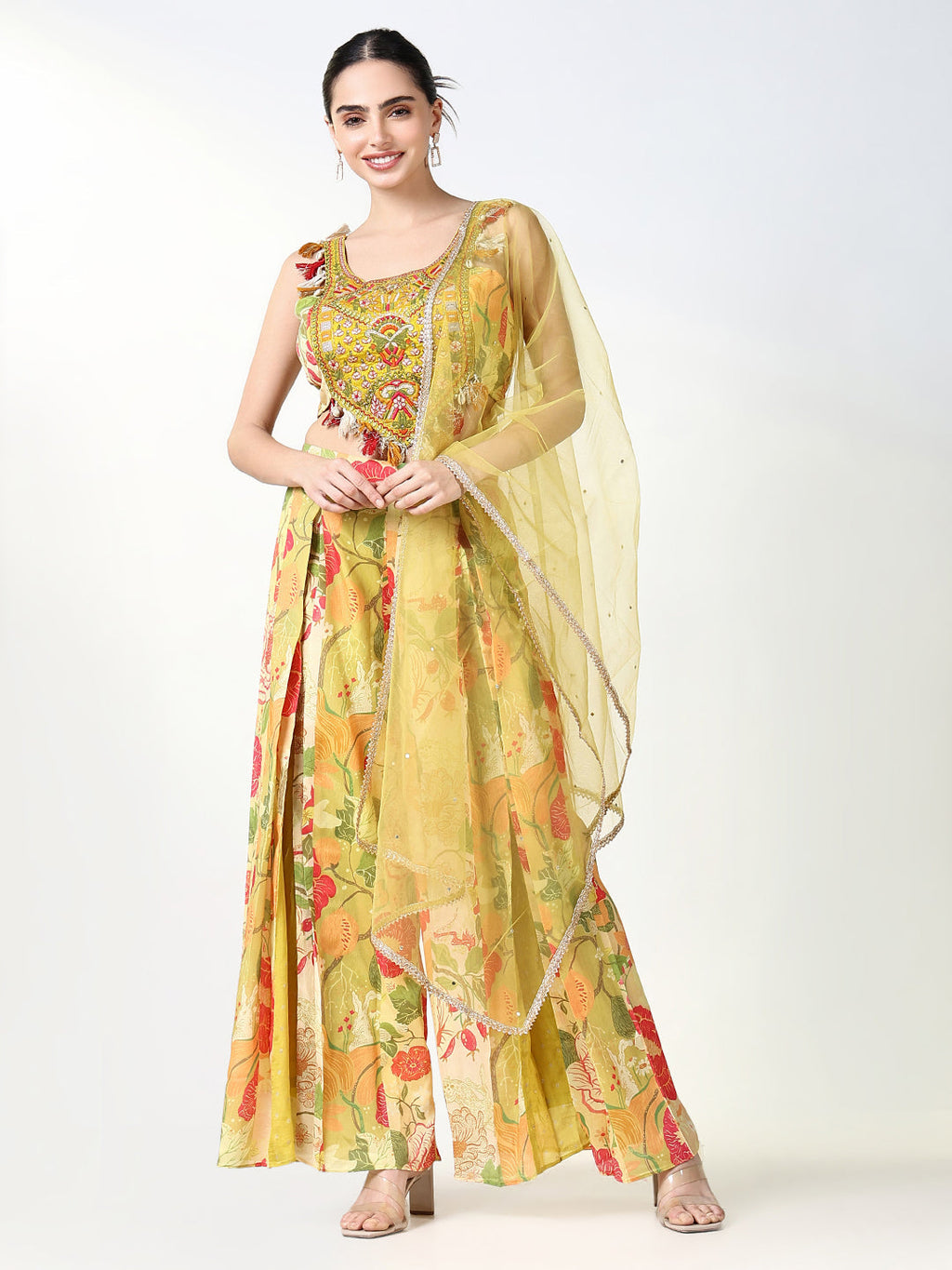 Women's Floral Green Indowestern Top and Palazzo with Dupatta