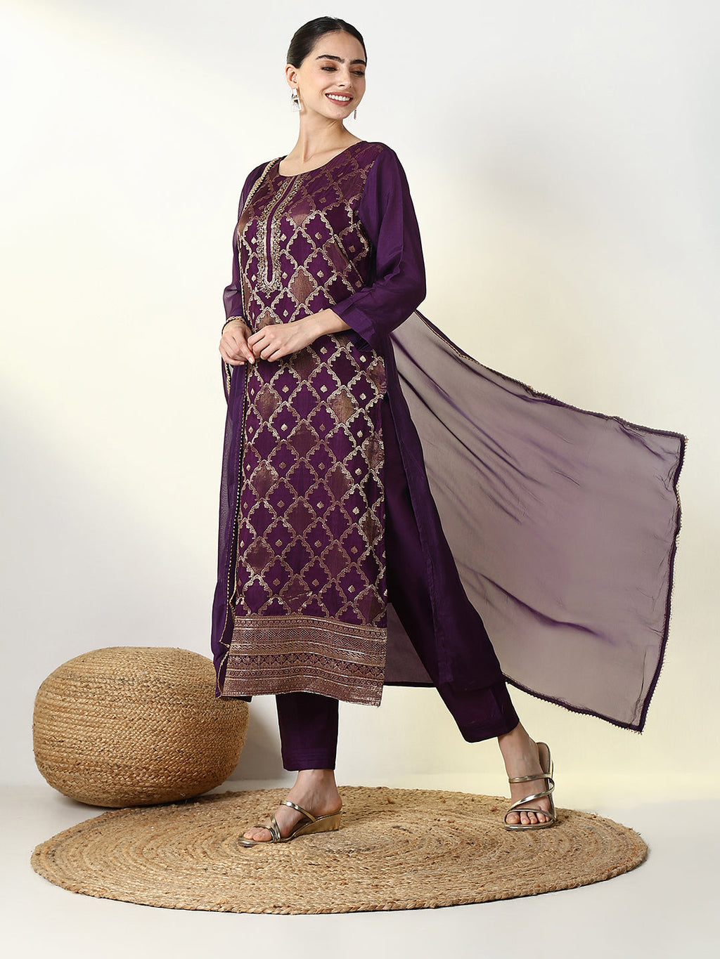 Women's Graphic Purple Straight Kurta Set with Dupatta