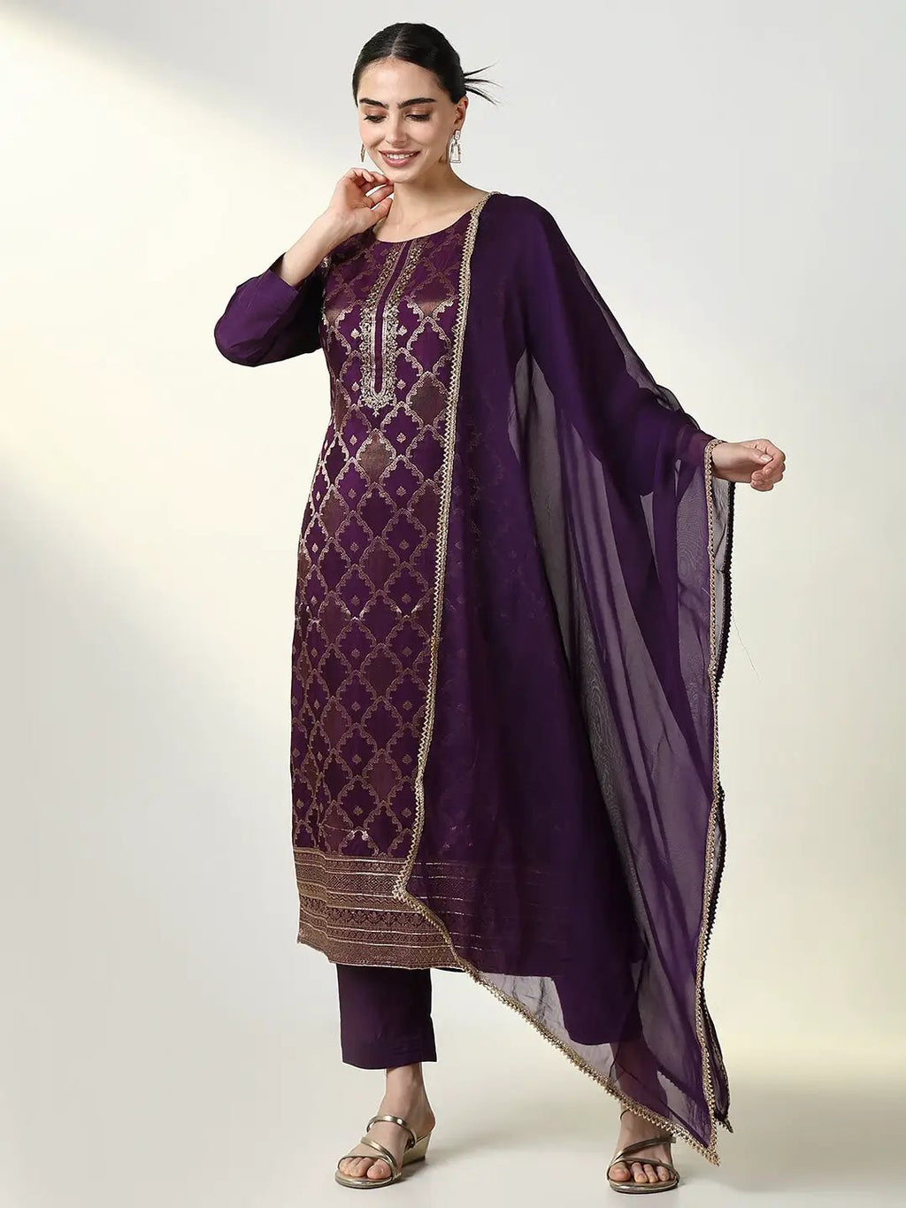 Women's Graphic Purple Straight Kurta Set with Dupatta