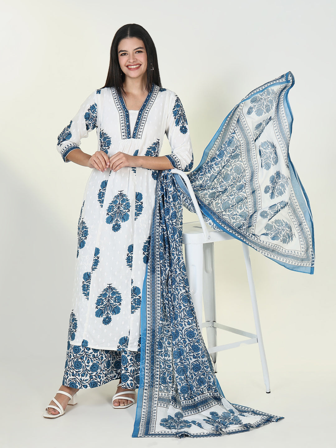 Women's Floral Blue A Line Kurta Set with Dupatta