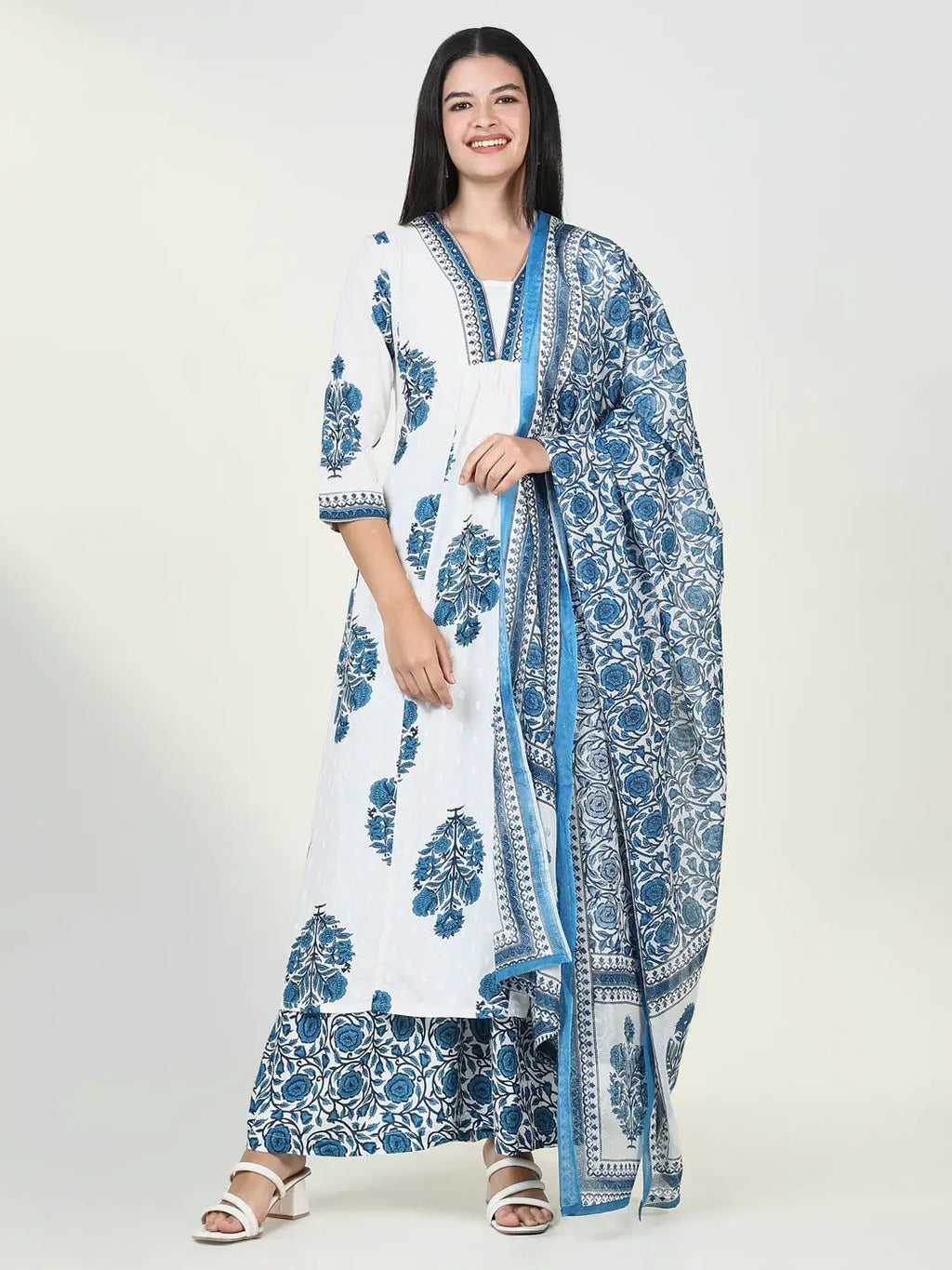 Women's Floral Blue A Line Kurta Set with Dupatta
