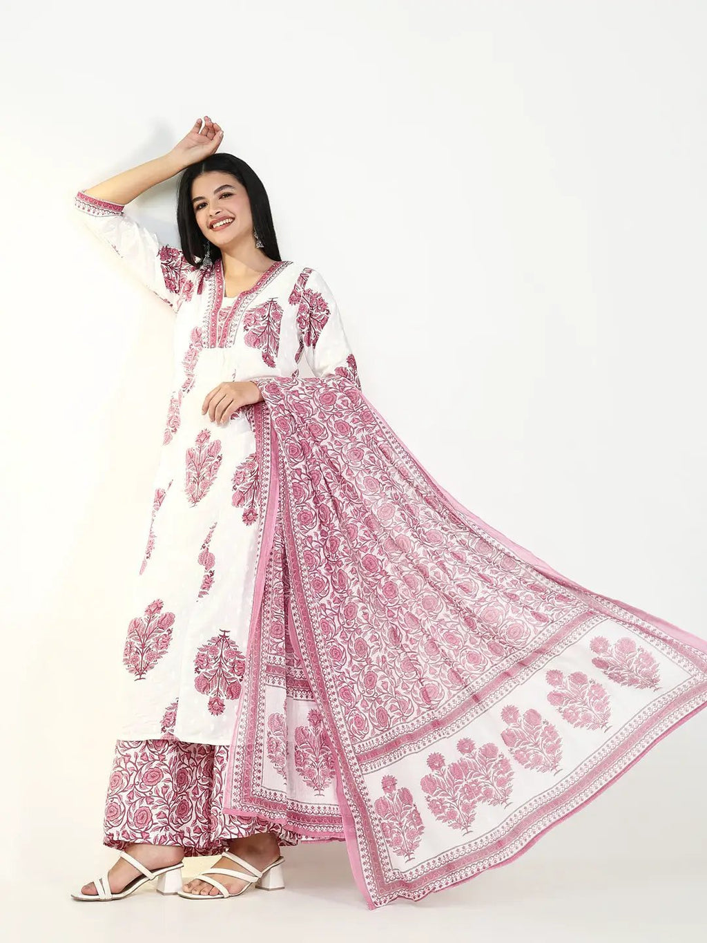 Women's Floral Pink A Line Kurta Set with Dupatta