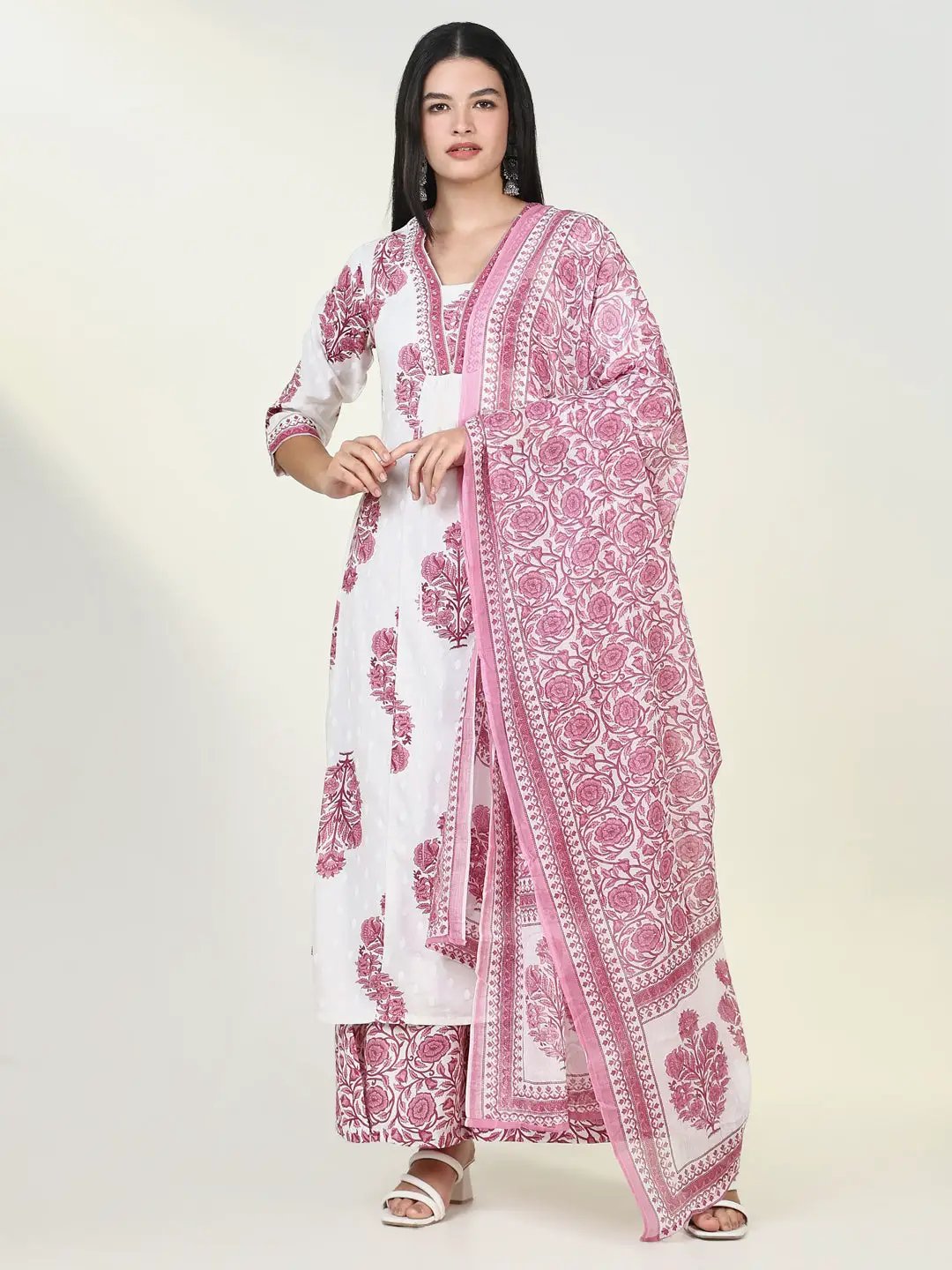 Women's Floral Pink A Line Kurta Set with Dupatta