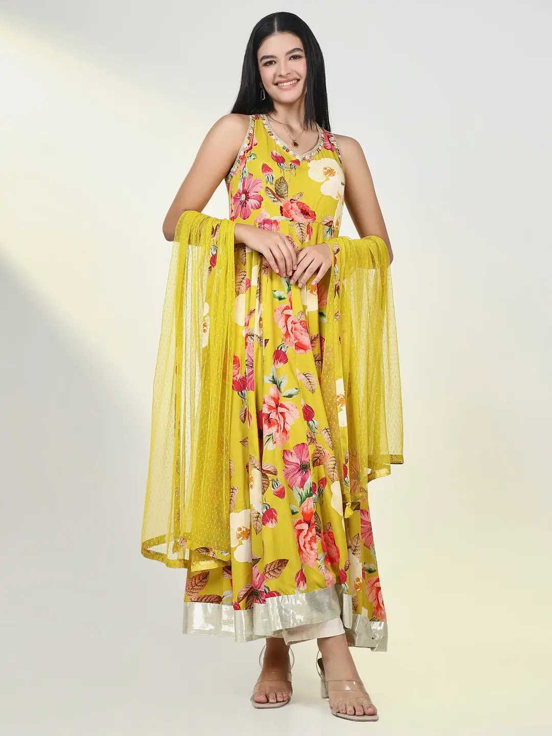 Women's Floral Mustard Anarkali Kurta with Dupatta