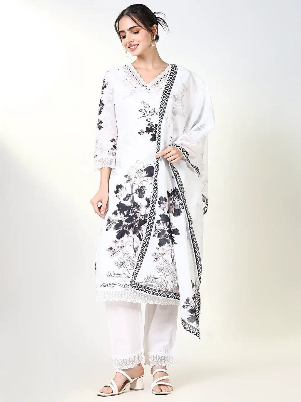 Women's Ethnic Floral White Straight Kurta Set with Dupatta