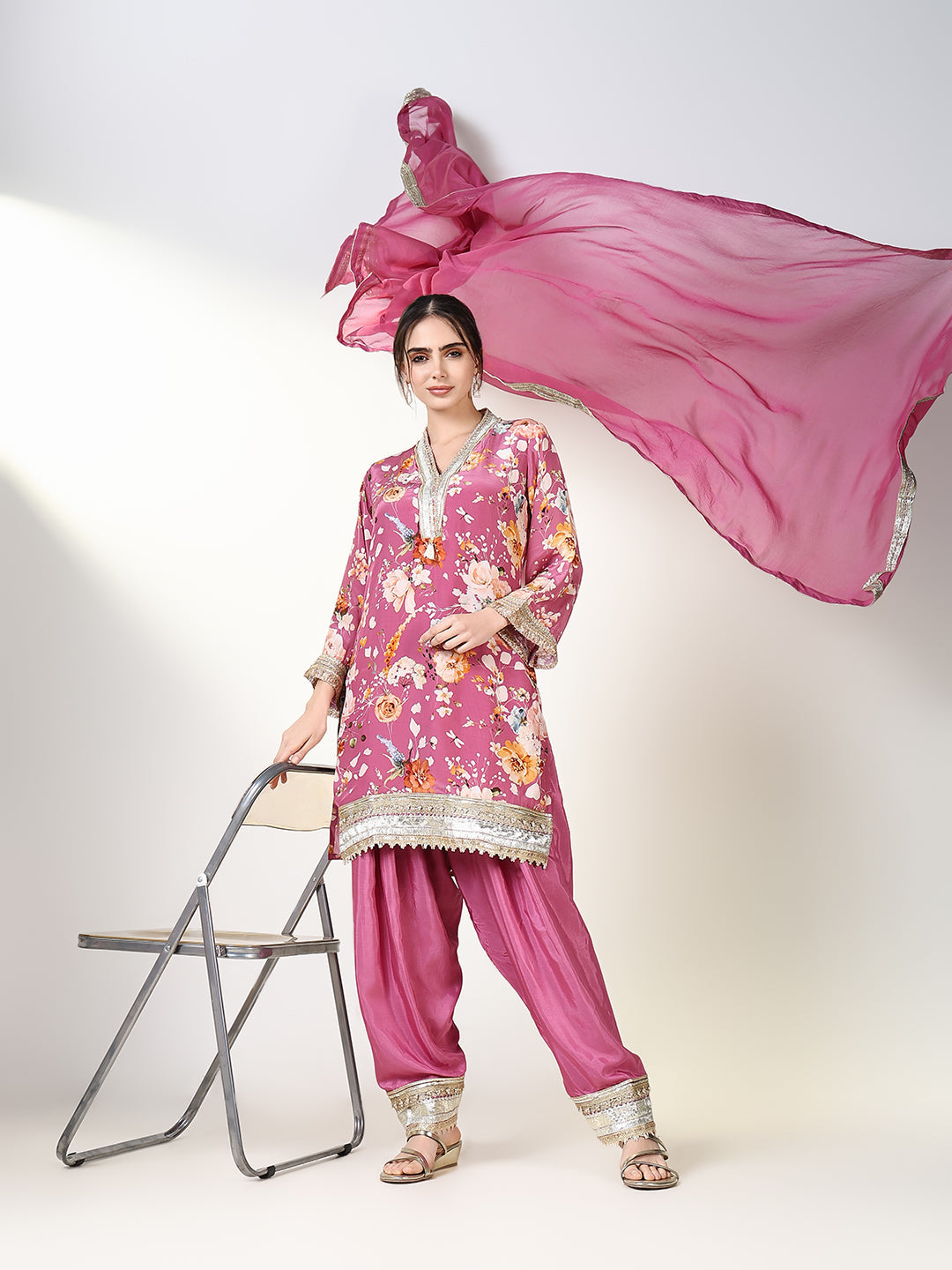 Women's Ethnic Floral Printed Pink Straight Kurta Set with Dupatta