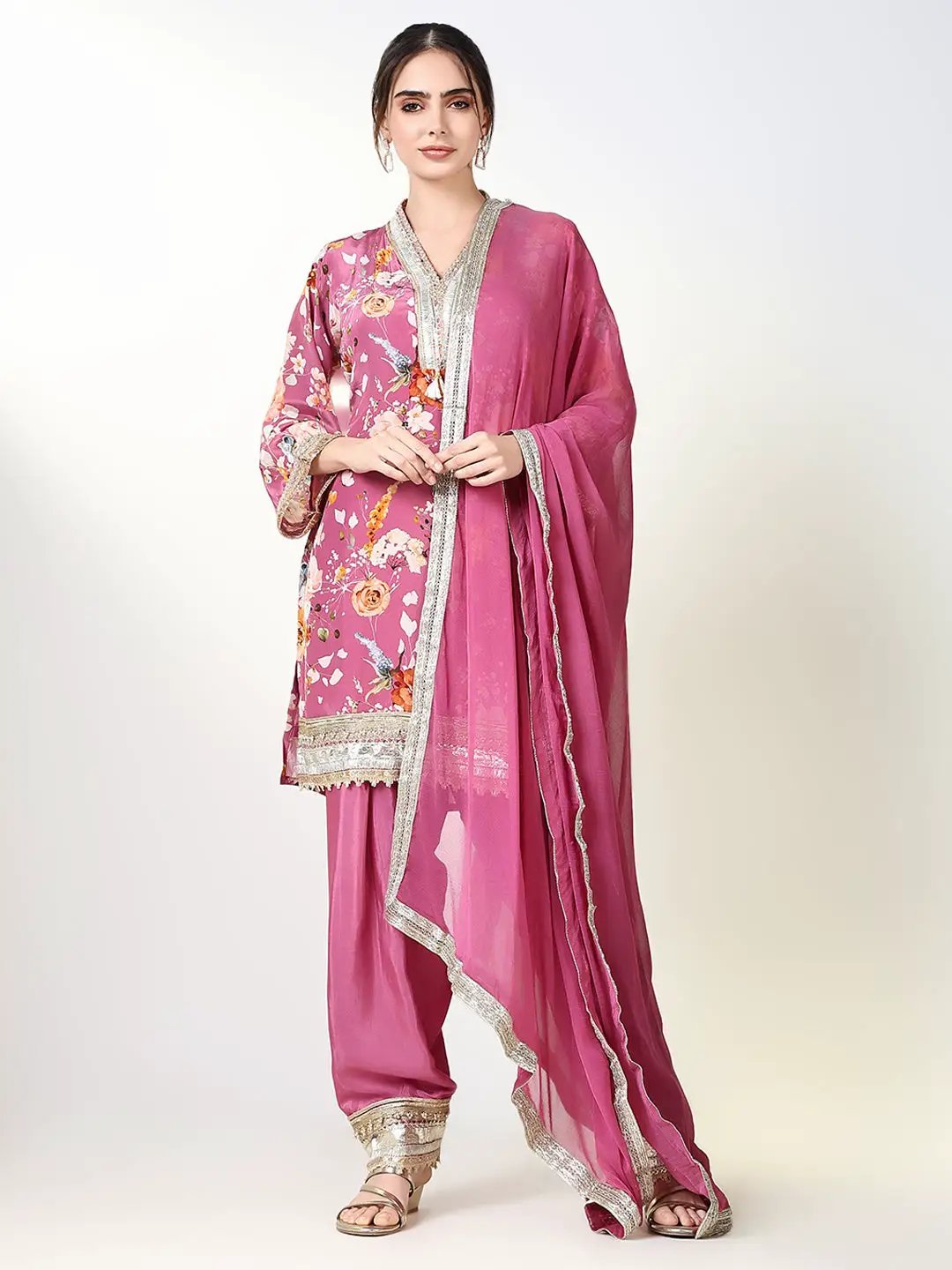 Women's Ethnic Floral Printed Pink Straight Kurta Set with Dupatta