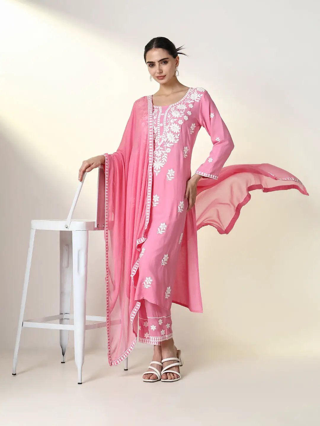Women's Floral Printed Pink Straight Kurta Set with Dupatta