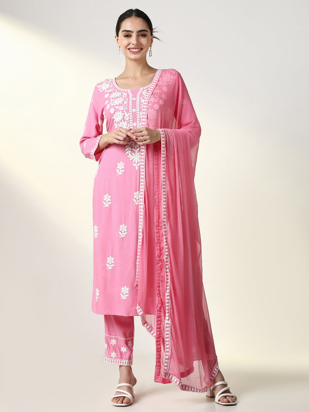 Women's Floral Printed Pink Straight Kurta Set with Dupatta