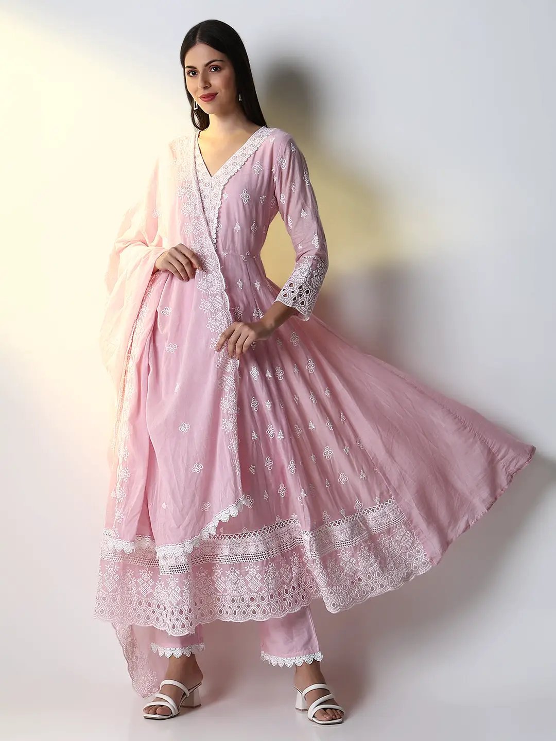 Women's Pink Floral Anarkali Kurta Set with Dupatta