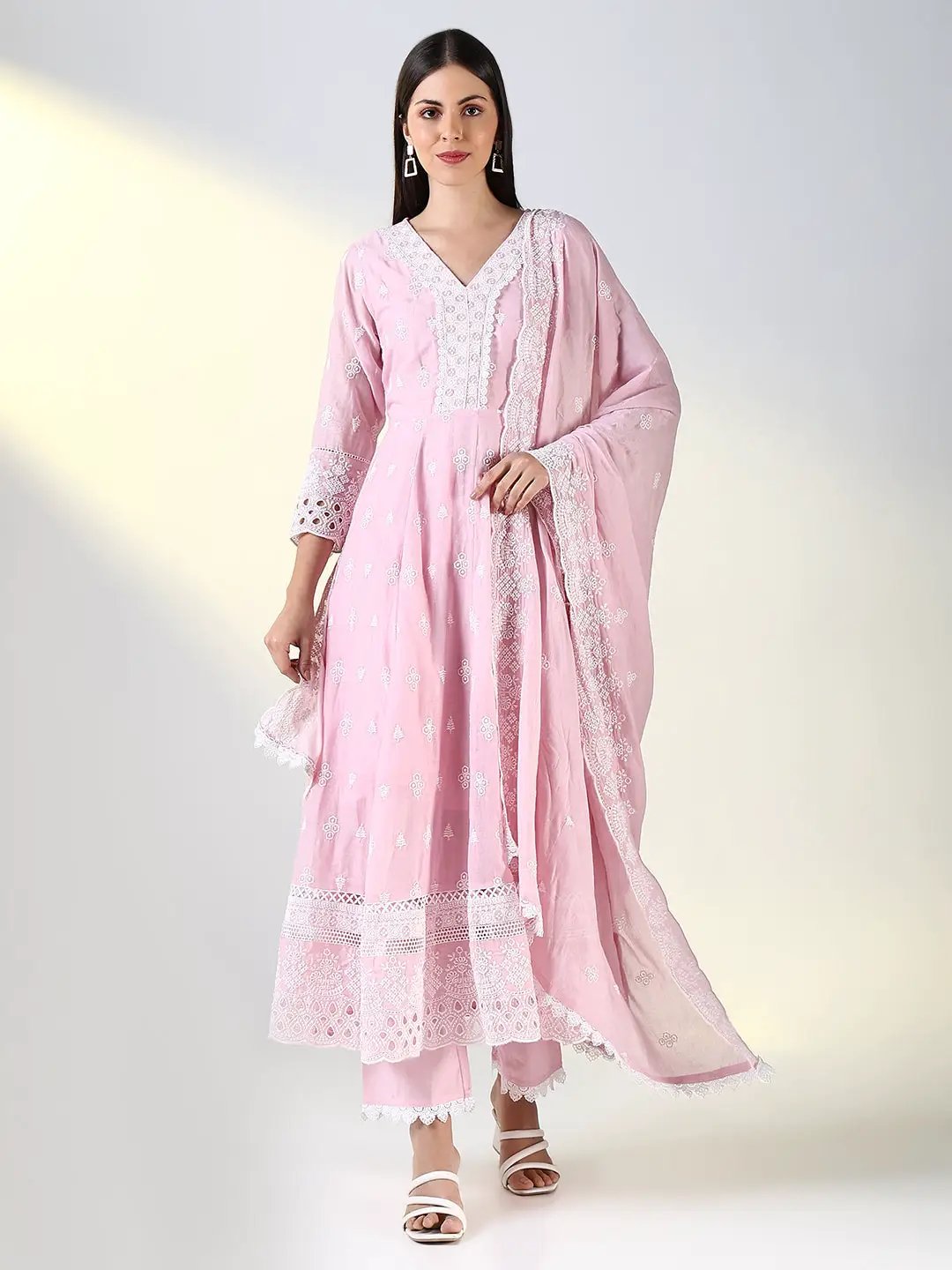 Women's Pink Floral Anarkali Kurta Set with Dupatta