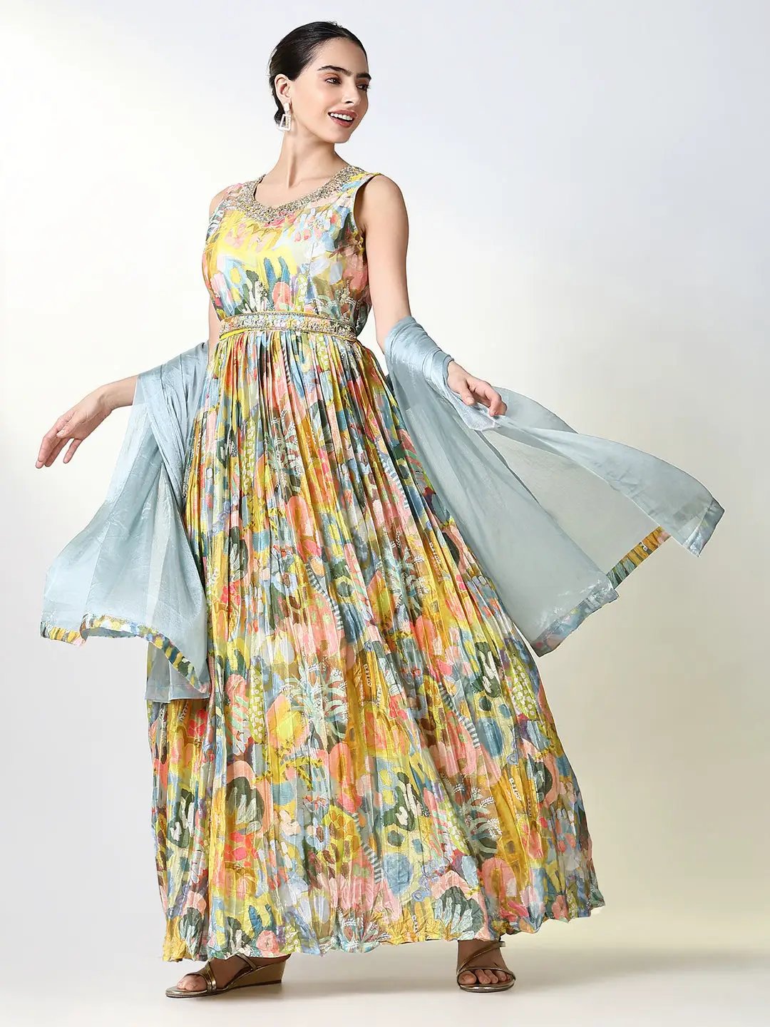 Women's Yellow Floral Kurta with Dupatta & Belt