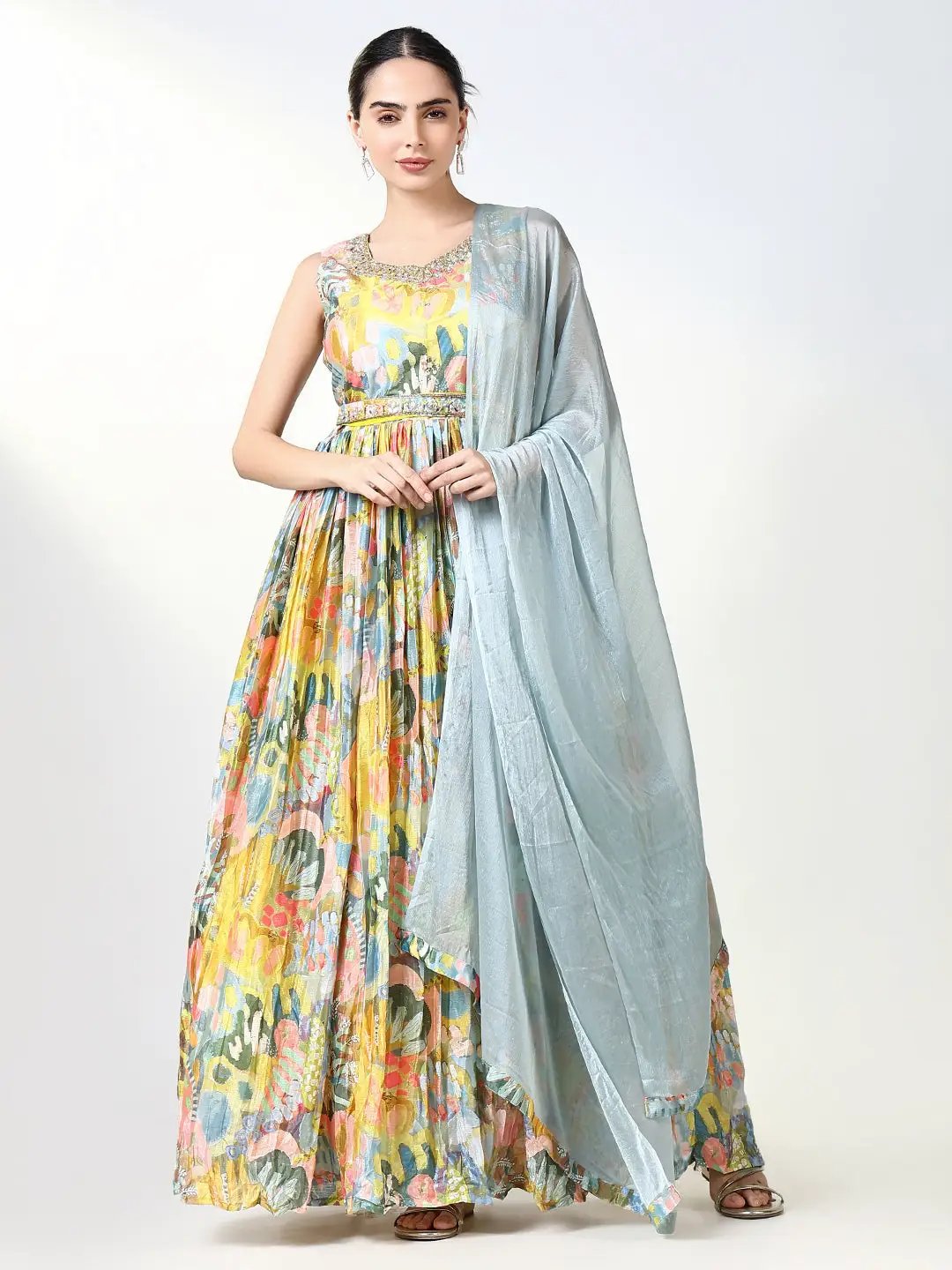 Women's Yellow Floral Kurta with Dupatta & Belt