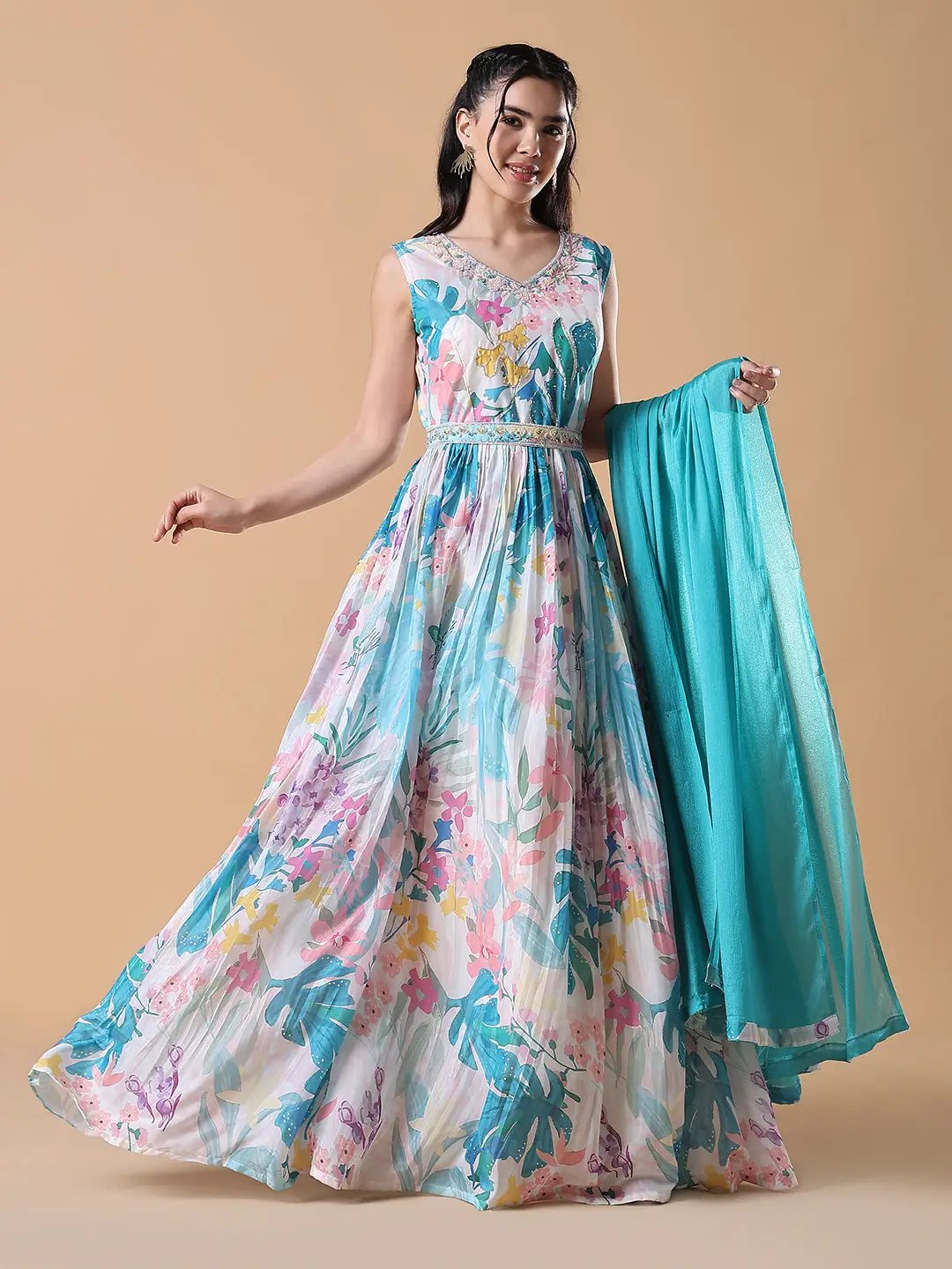 Women's Blue Floral Anarkali Kurta with Belt and Dupatta