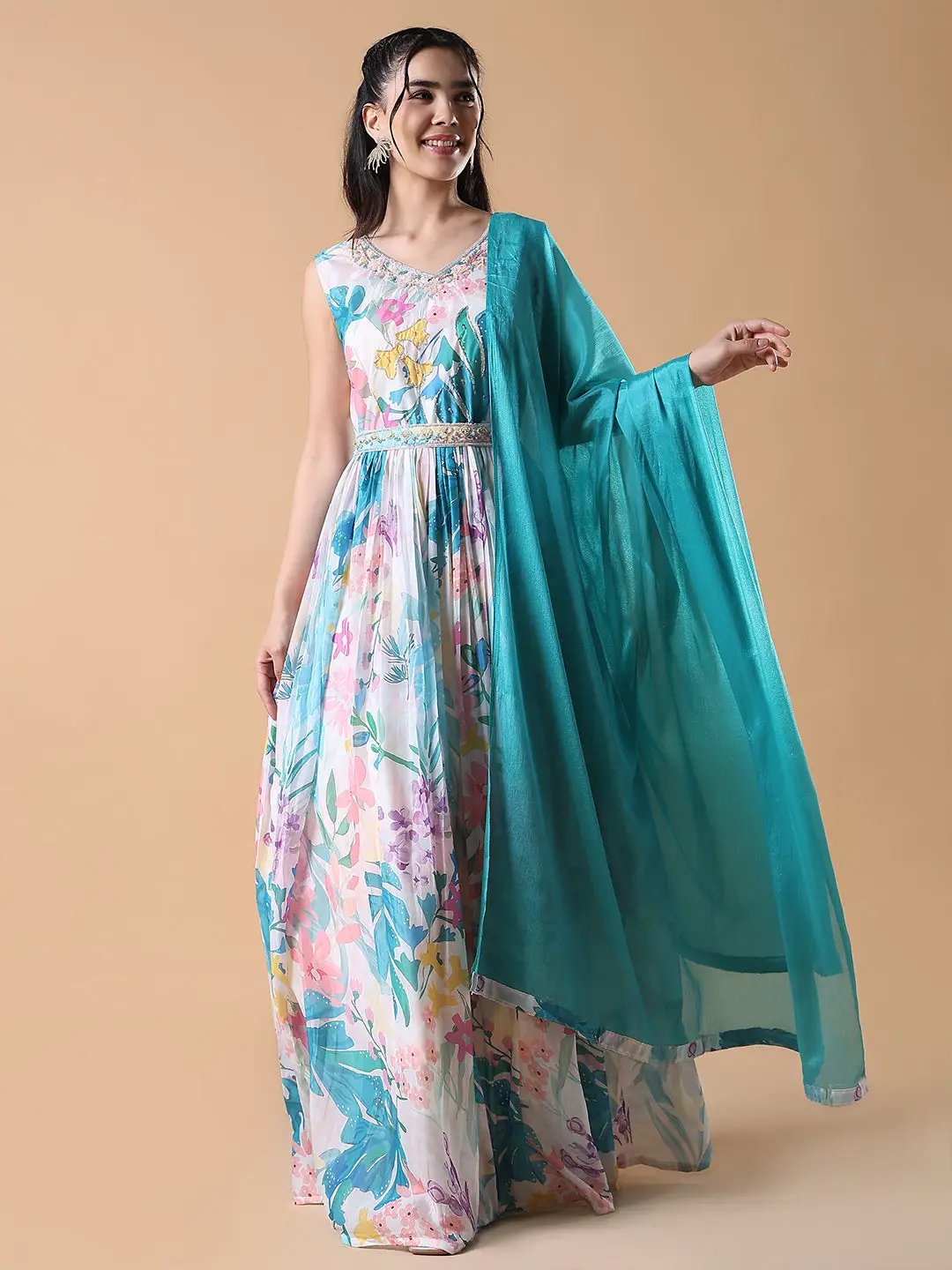 Women's Blue Floral Anarkali Kurta with Belt and Dupatta