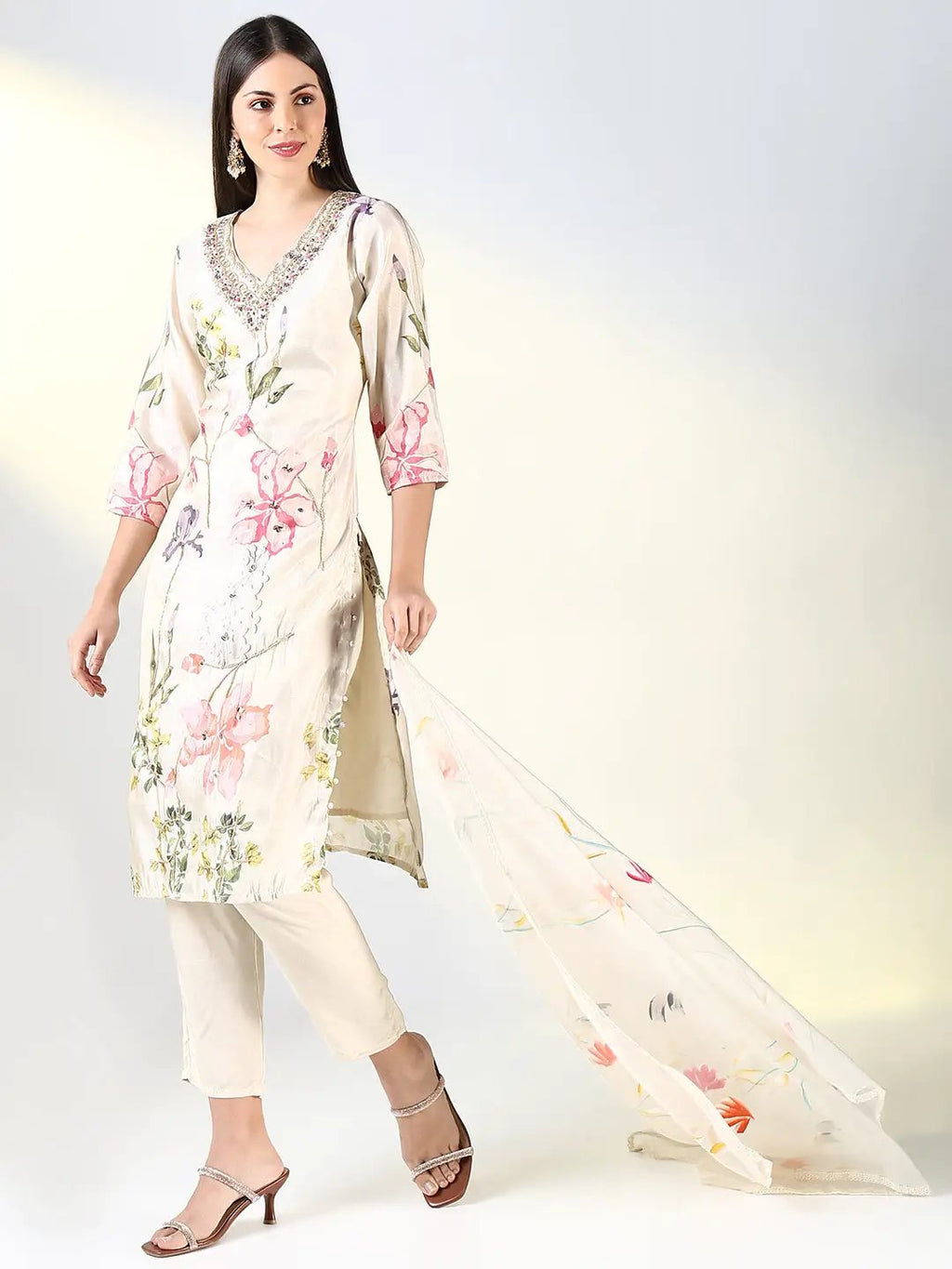 Women's Floral Cream Straight Kurta Set with Dupatta