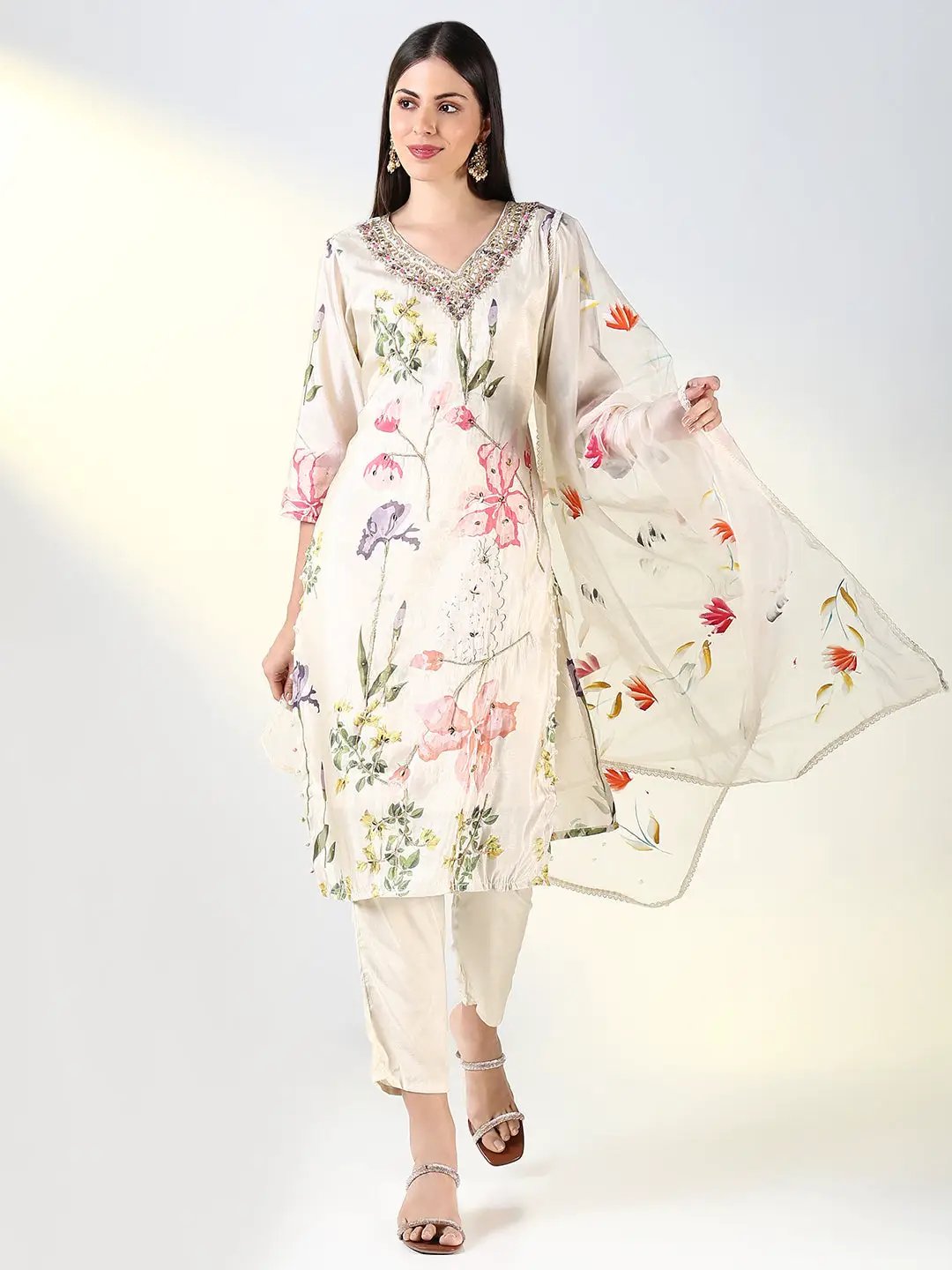 Women's Floral Cream Straight Kurta Set with Dupatta