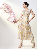 Women's Floral Cream Anarkali Kurta Set with Dupatta
