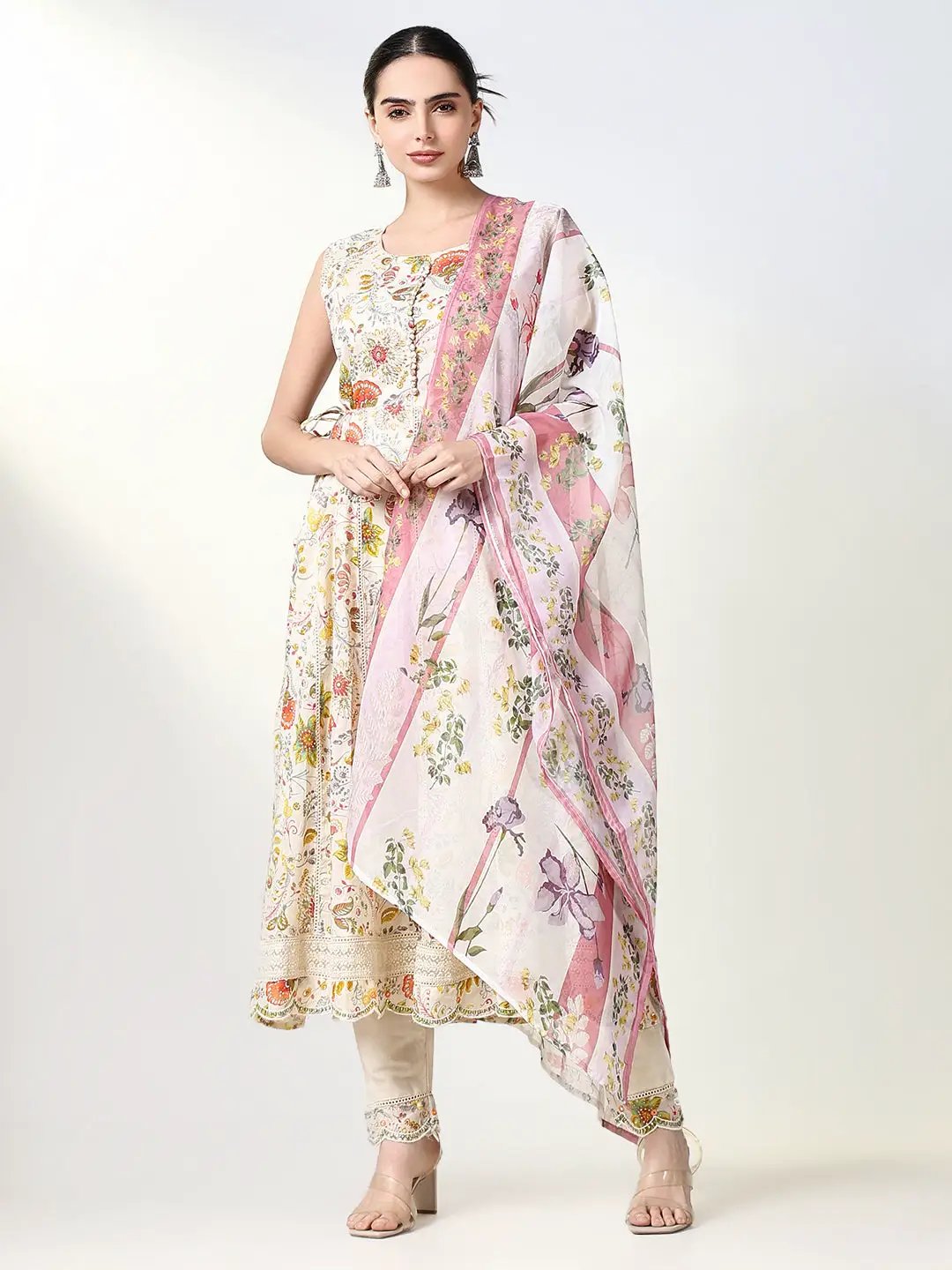 Women's Floral Cream Anarkali Kurta Set with Dupatta