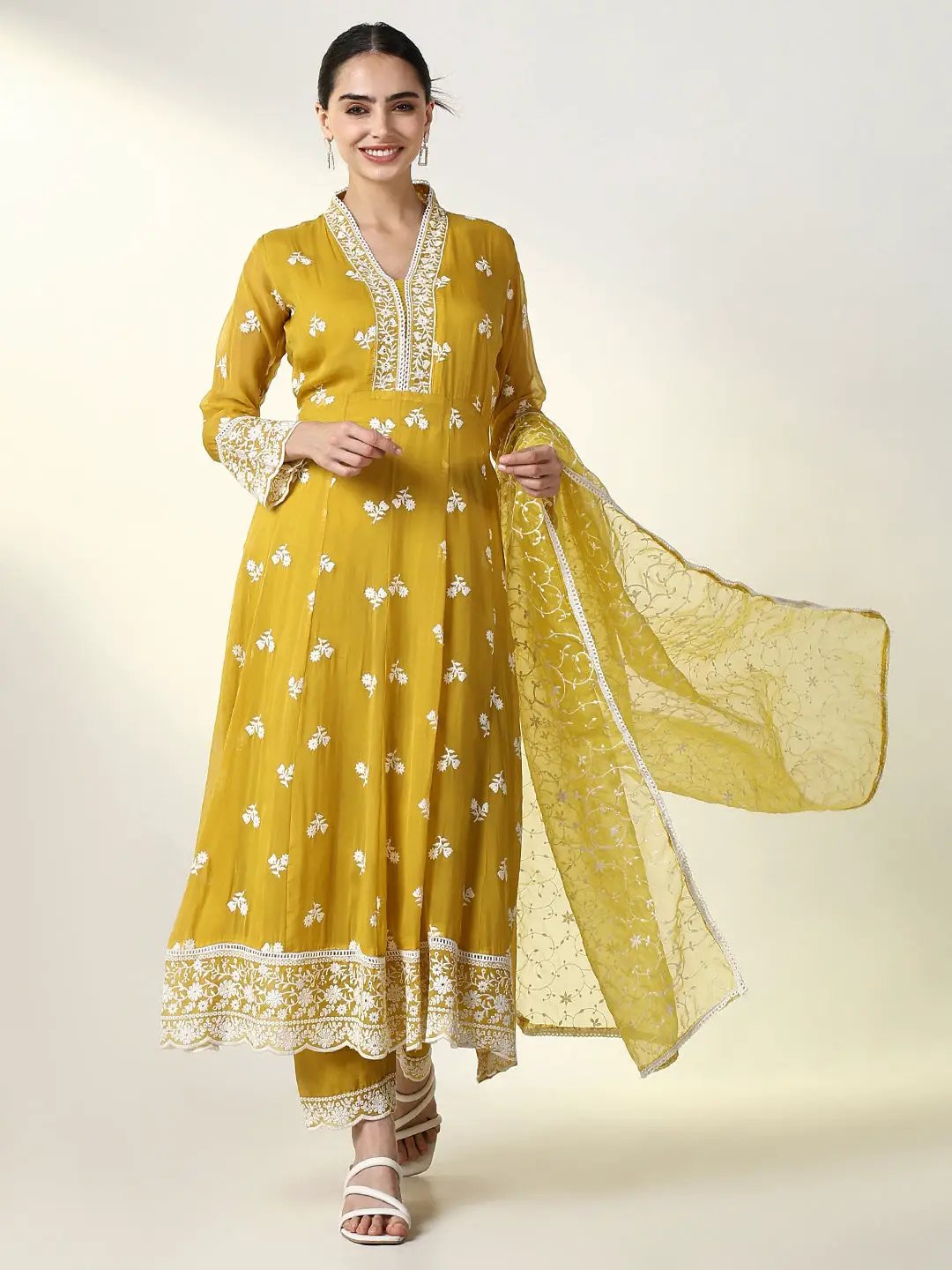 Women's Floral Mustard Anarkali Kurta Set with Dupatta