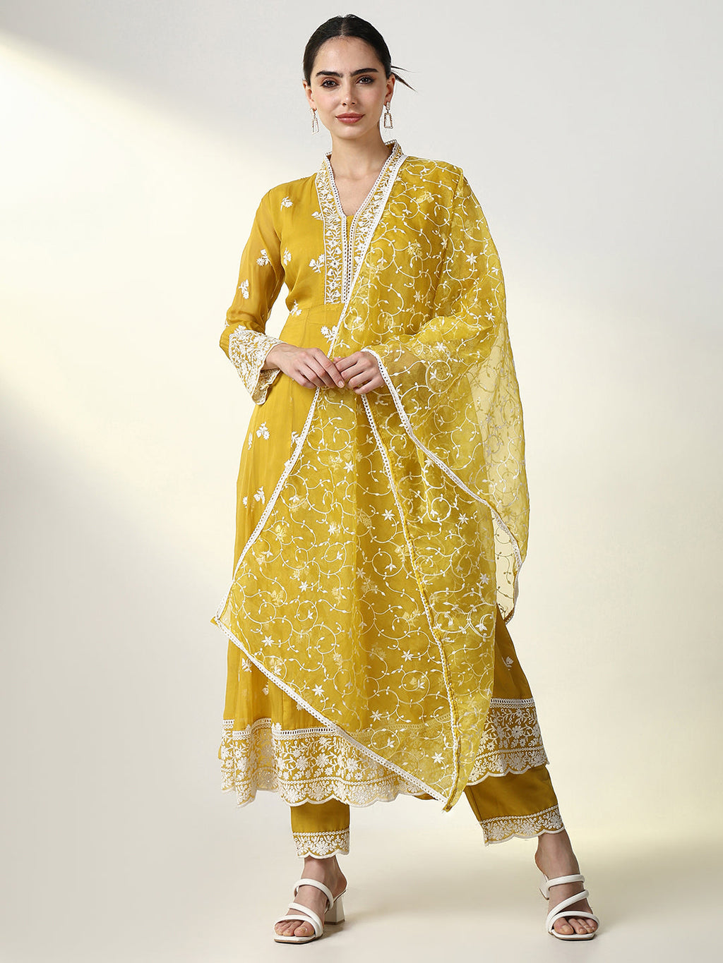 Women's Floral Mustard Anarkali Kurta Set with Dupatta