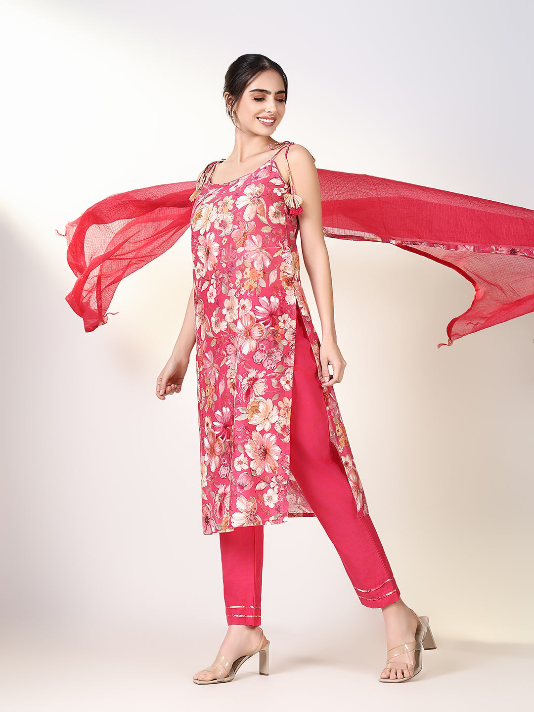 Women's Ethnic Pink Floral Straight Kurta Set with Dupatta