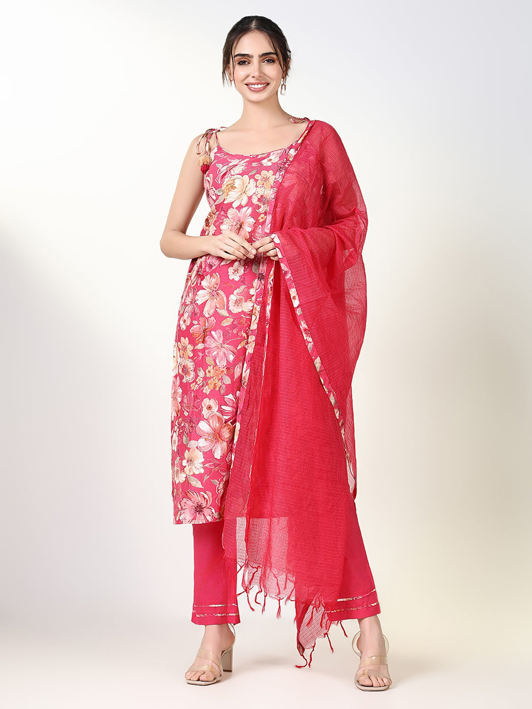 Women's Ethnic Pink Floral Straight Kurta Set with Dupatta