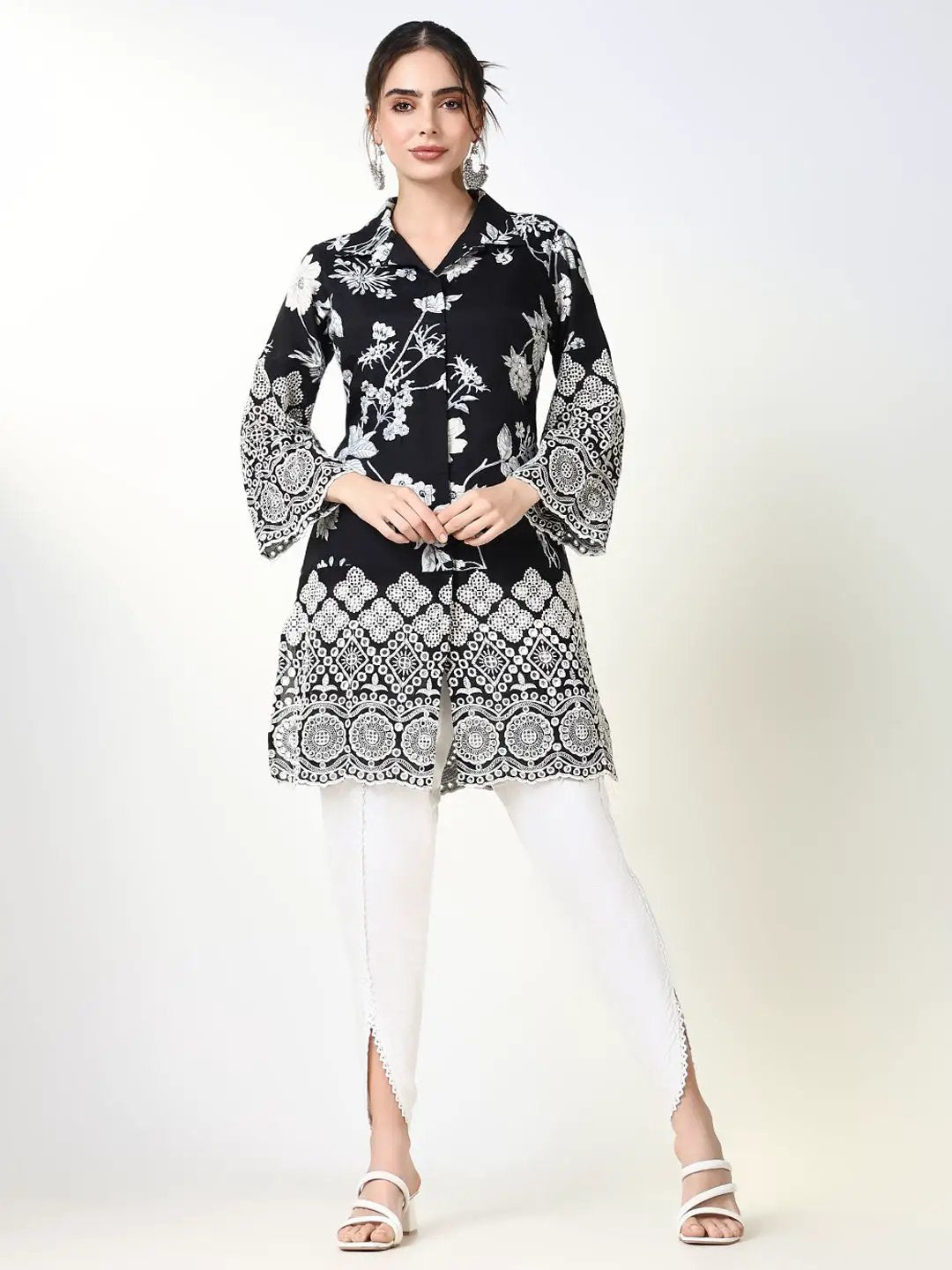 Women's Floral Ethnic Black Straight Kurta Set