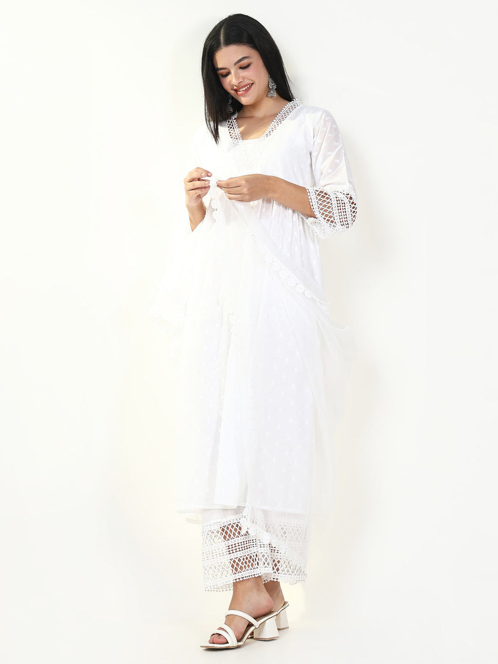 Women's Solid White Anarkali Kurta Set with Dupatta