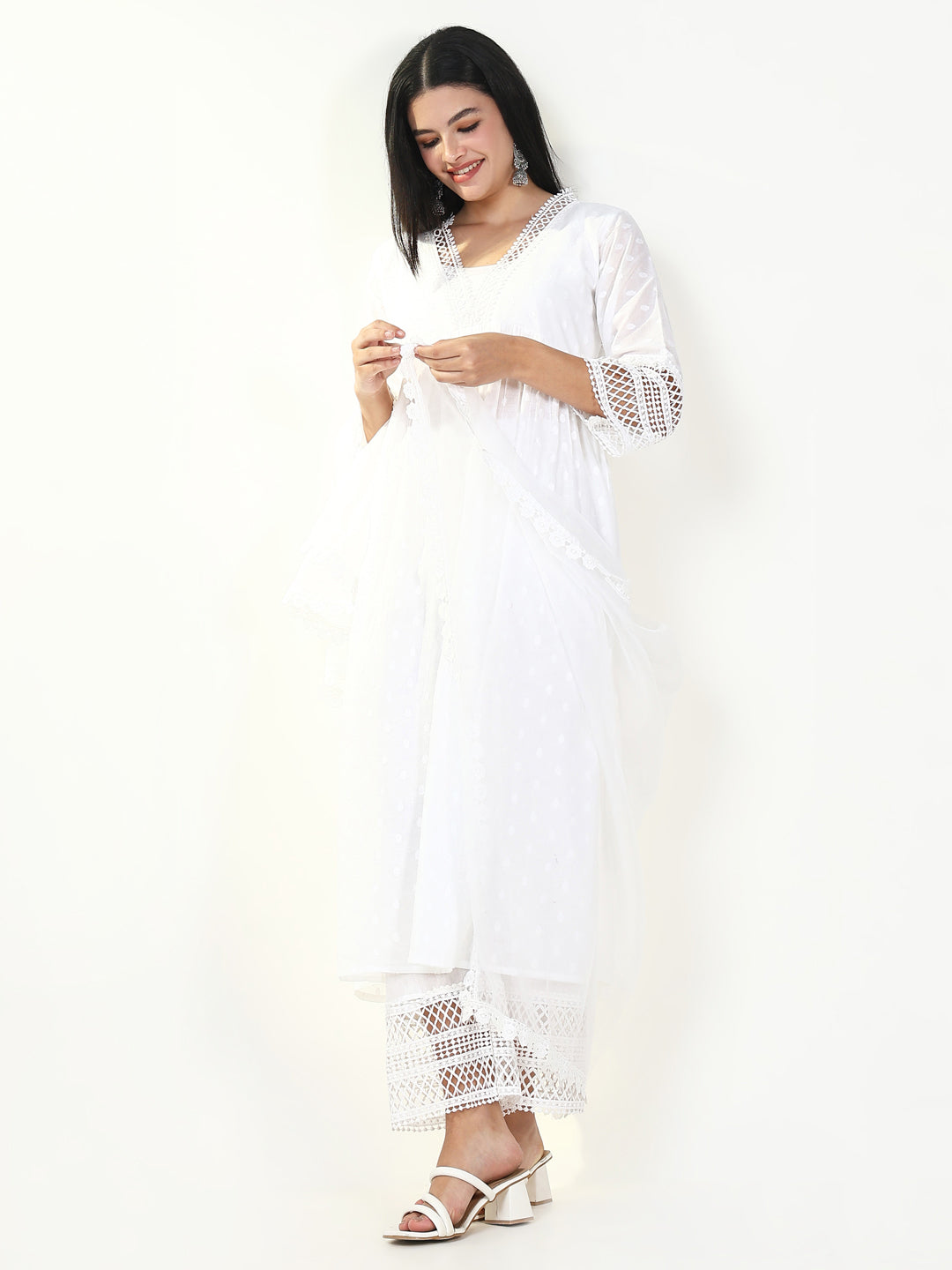 Women's Solid White Anarkali Kurta Set with Dupatta