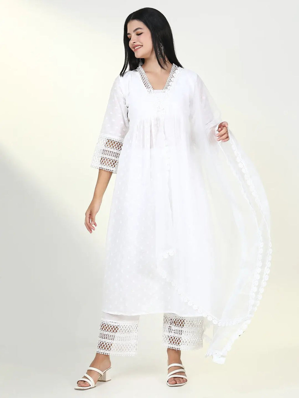 Women's Solid White Anarkali Kurta Set with Dupatta