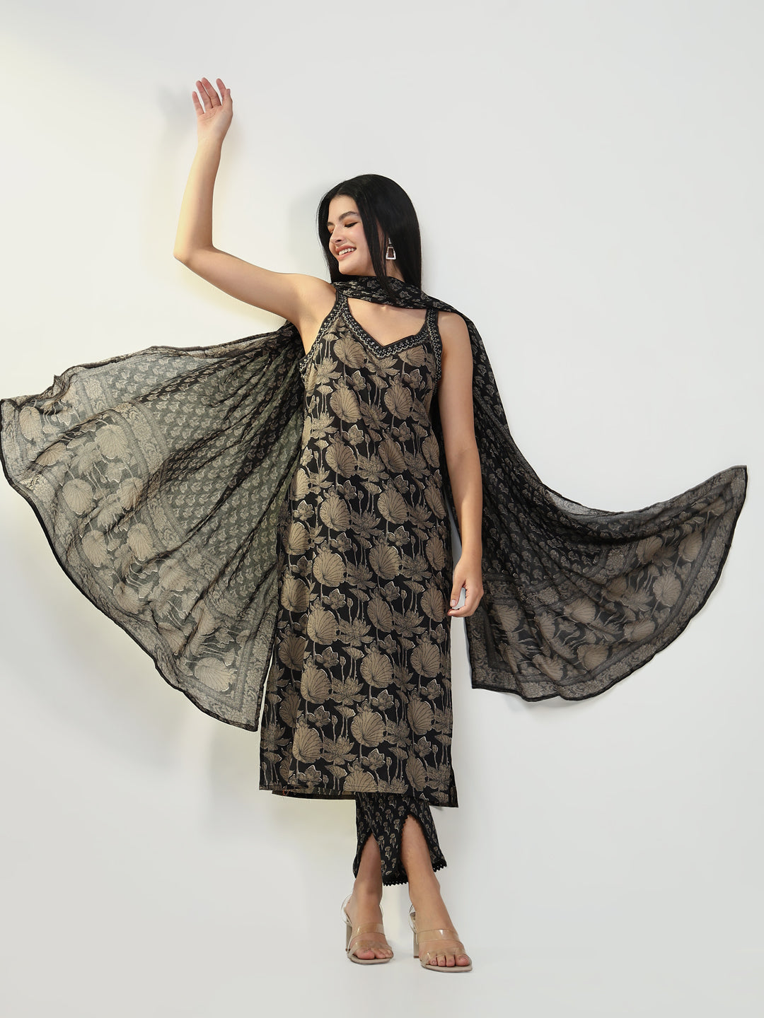 Women's Floral Olive Kurta Set with Dupatta