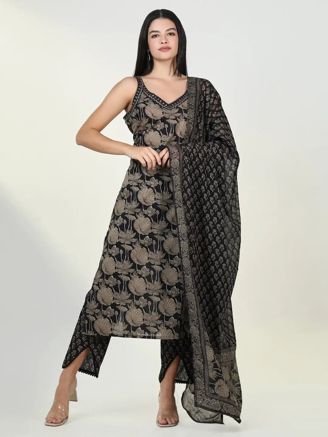 Women's Floral Olive Kurta Set with Dupatta