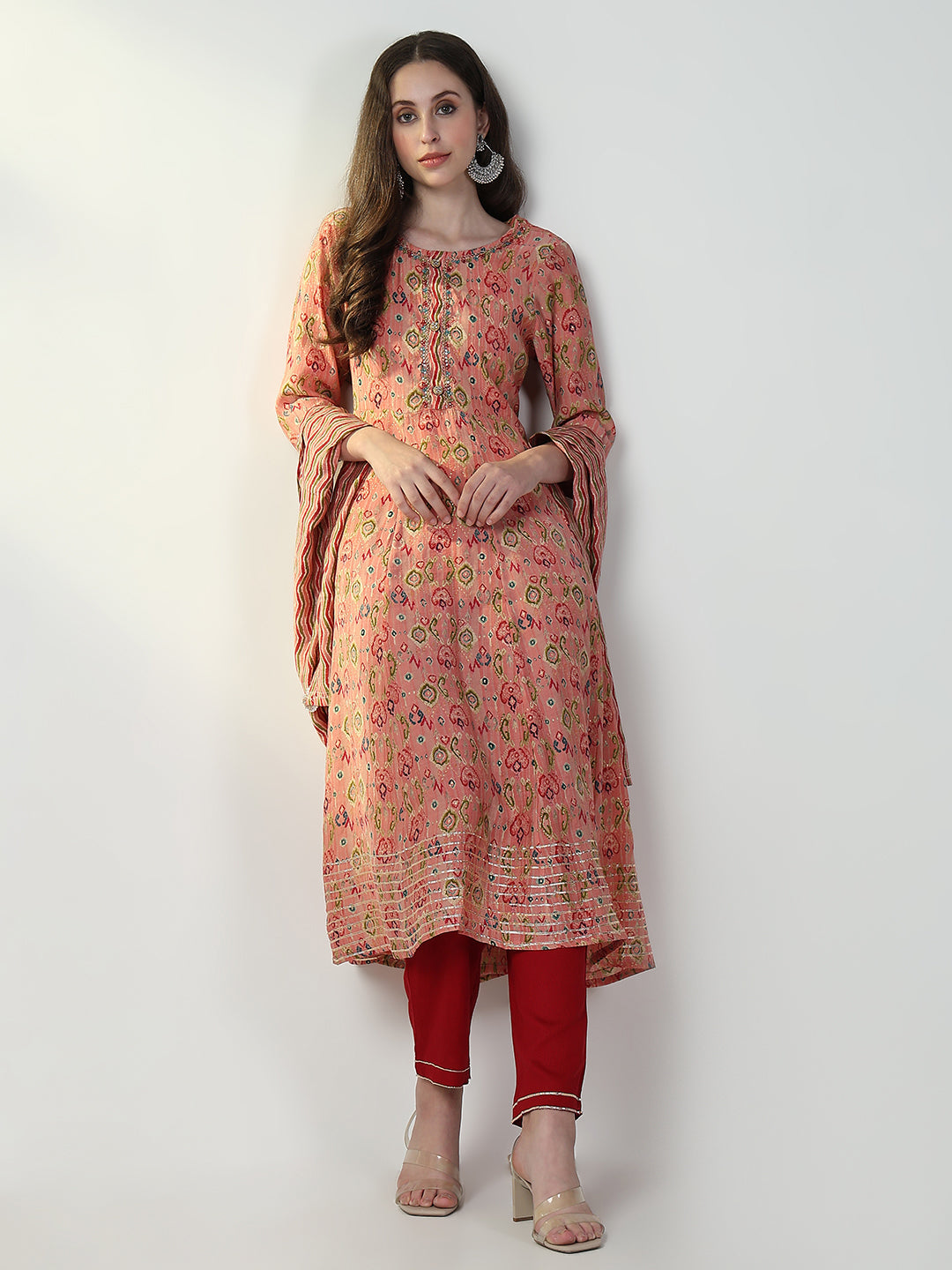 Women's Abstract Peach Anarkali Kurta Set with Dupatta