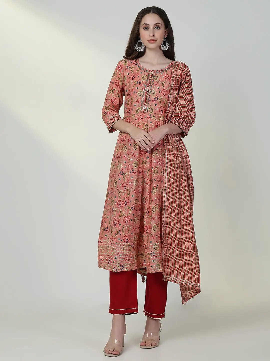 Women's Abstract Peach Anarkali Kurta Set with Dupatta