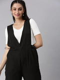 Women's Black Solid V-Neck Polyester Culotte Jumpsuit