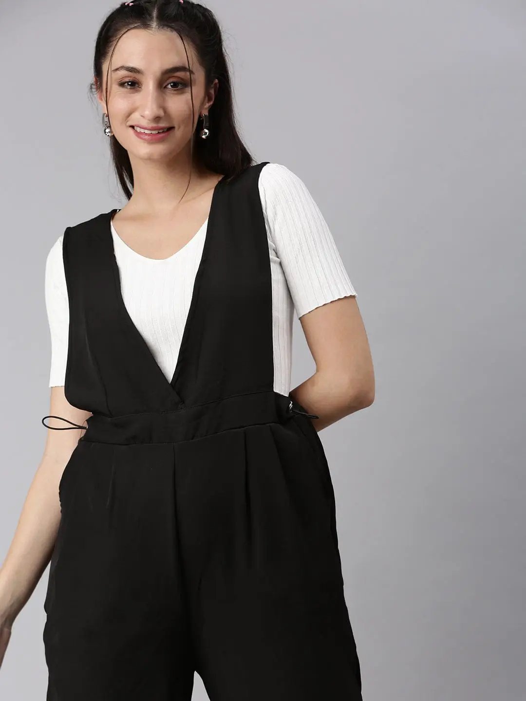 Women's Black Solid V-Neck Polyester Culotte Jumpsuit