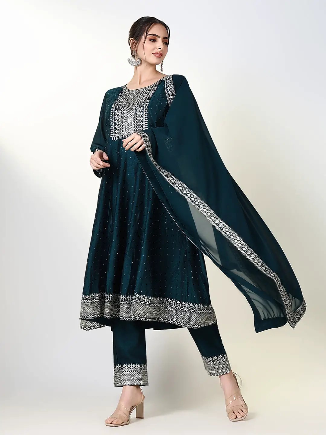 Women's Ethnic Solid Green Anarkali Kurta Set with Dupatta