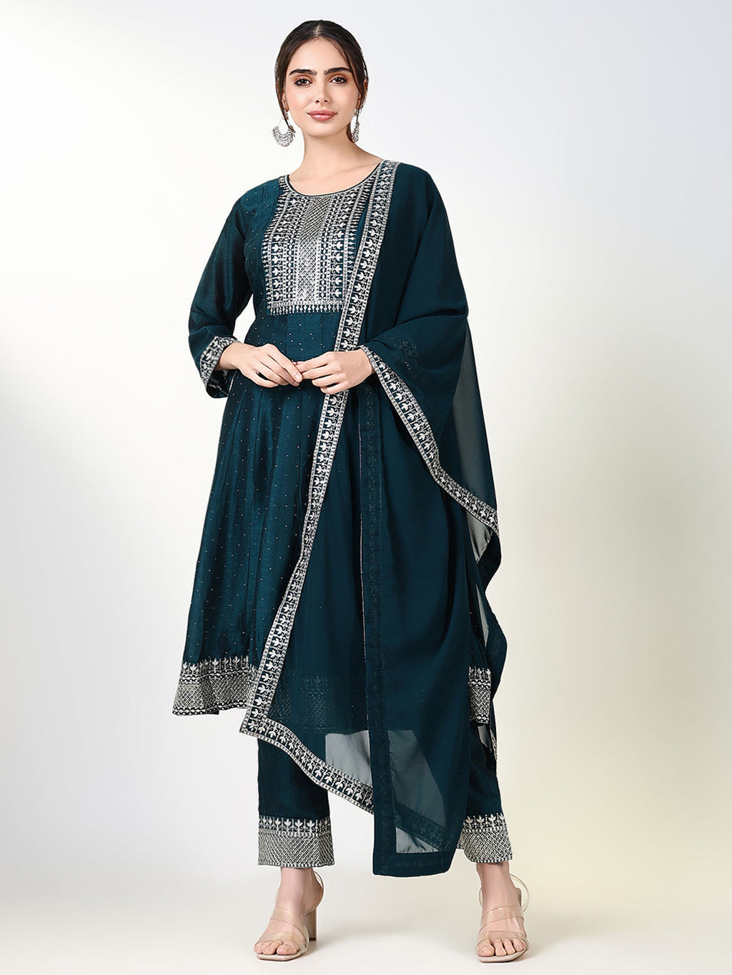 Women's Ethnic Solid Green Anarkali Kurta Set with Dupatta