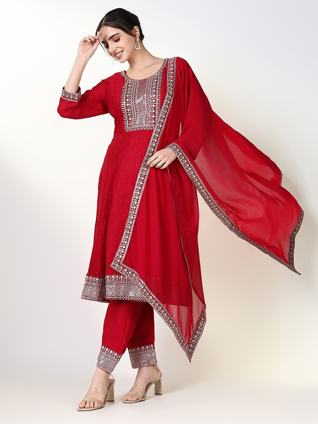 Women's Solid Ethnic Pink Anarkali Kurta Set with Dupatta