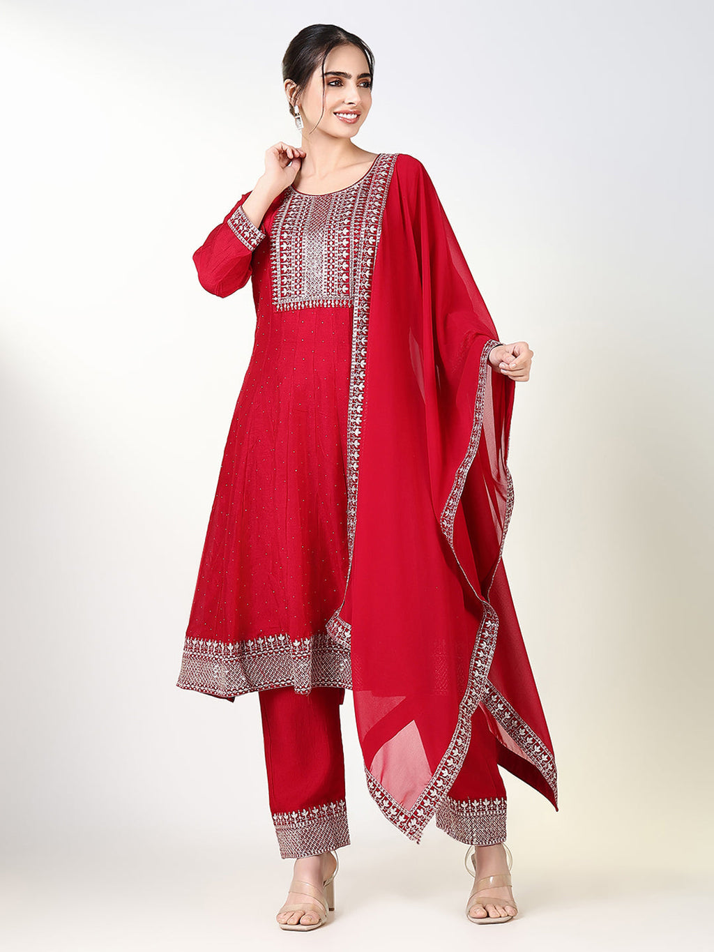 Women's Solid Ethnic Pink Anarkali Kurta Set with Dupatta