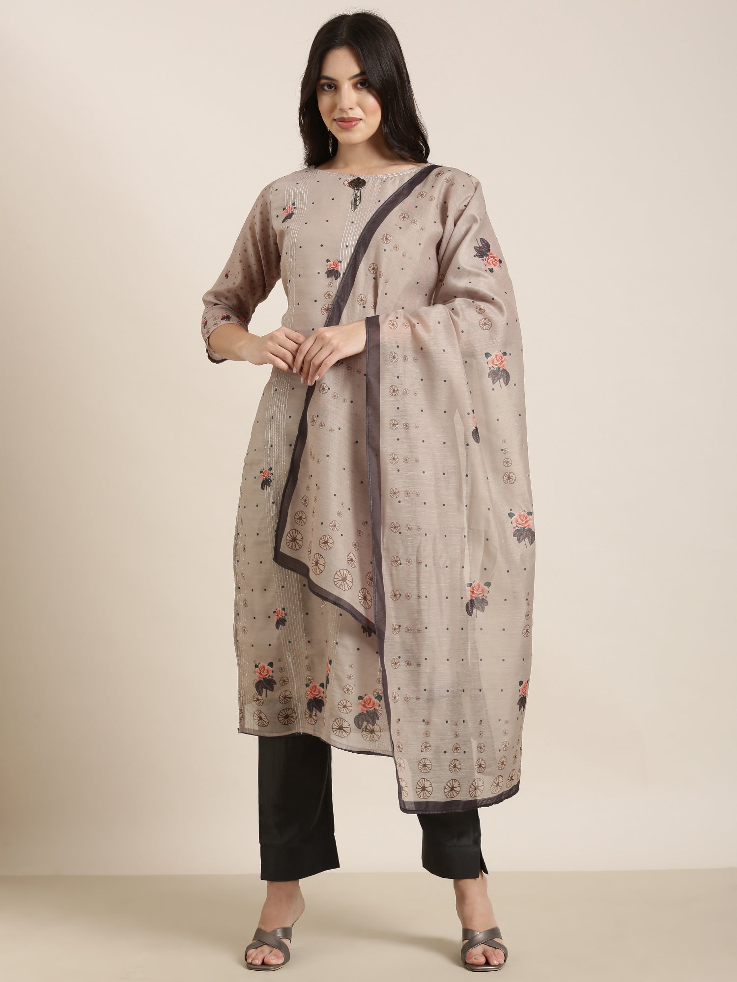 Women's Ethnic Straight Olive Floral Kurta Sets with Trousers & Dupatta