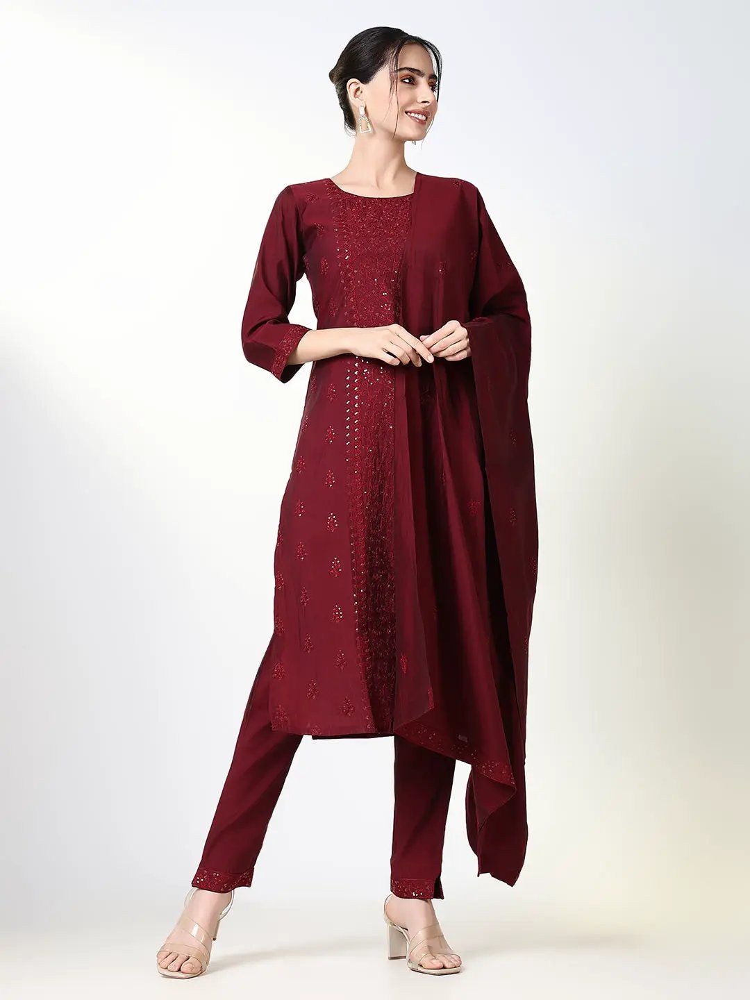 Women's Solid Maroon Straight Kurta Set with Dupatta