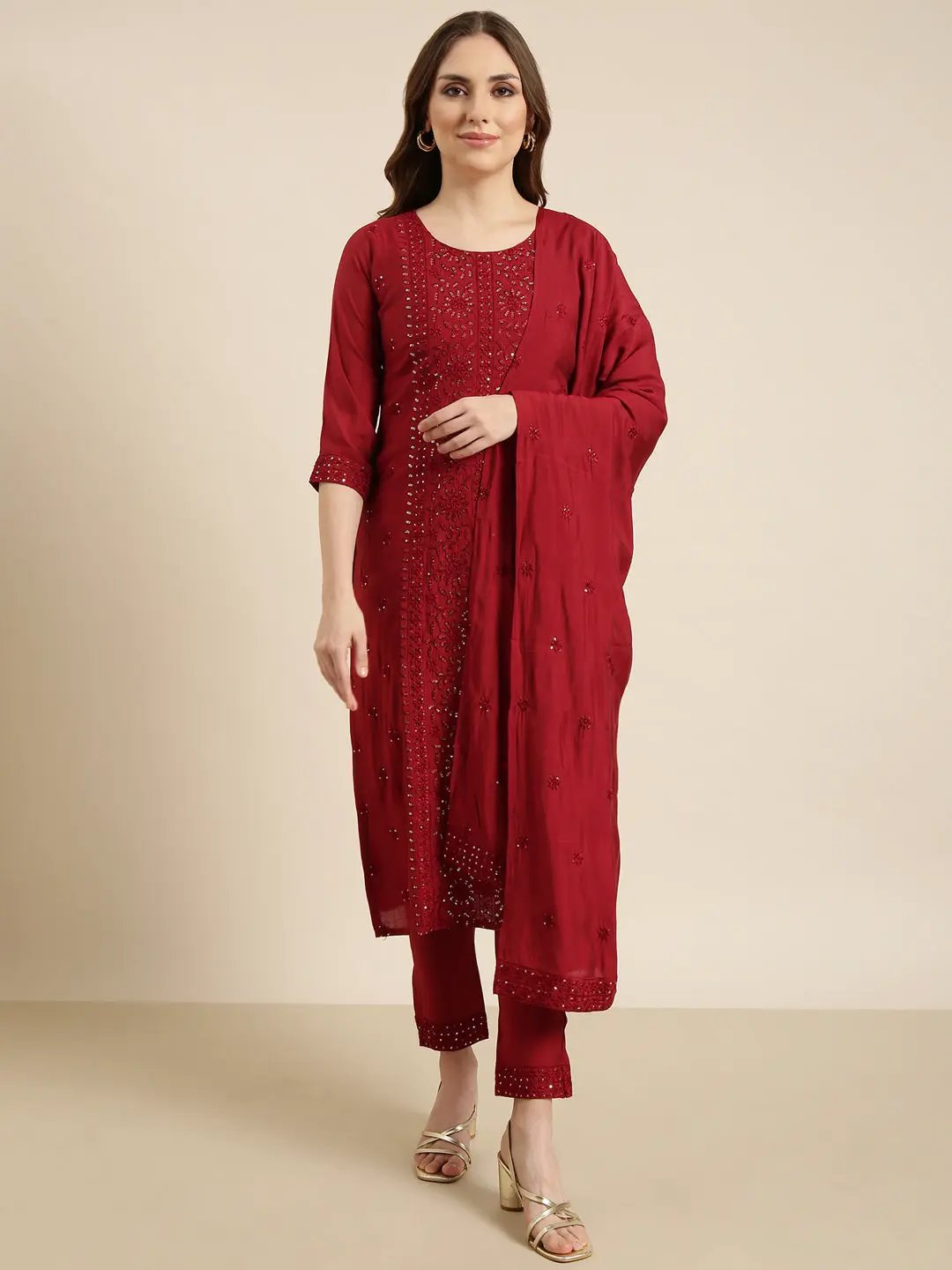 Women's Ethnic Straight Maroon Floral Kurta Sets with Trousers & Dupatta