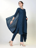 Women's Solid Teal Straight Kurta Set with Dupatta
