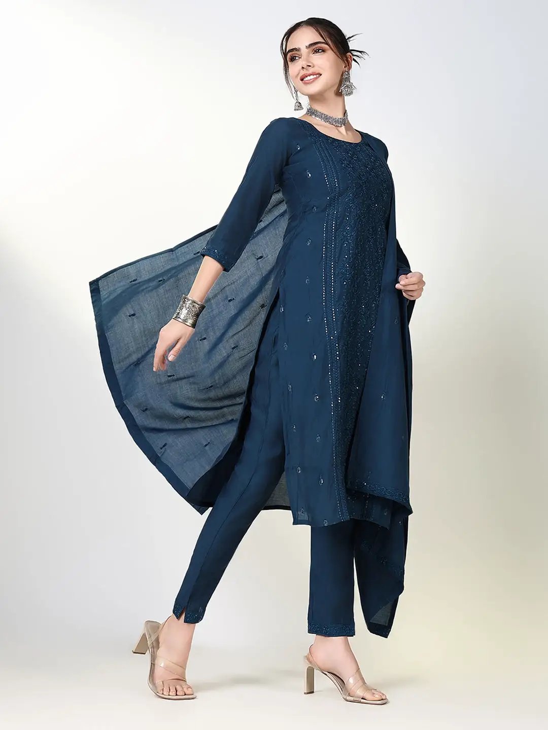 Women's Solid Teal Straight Kurta Set with Dupatta