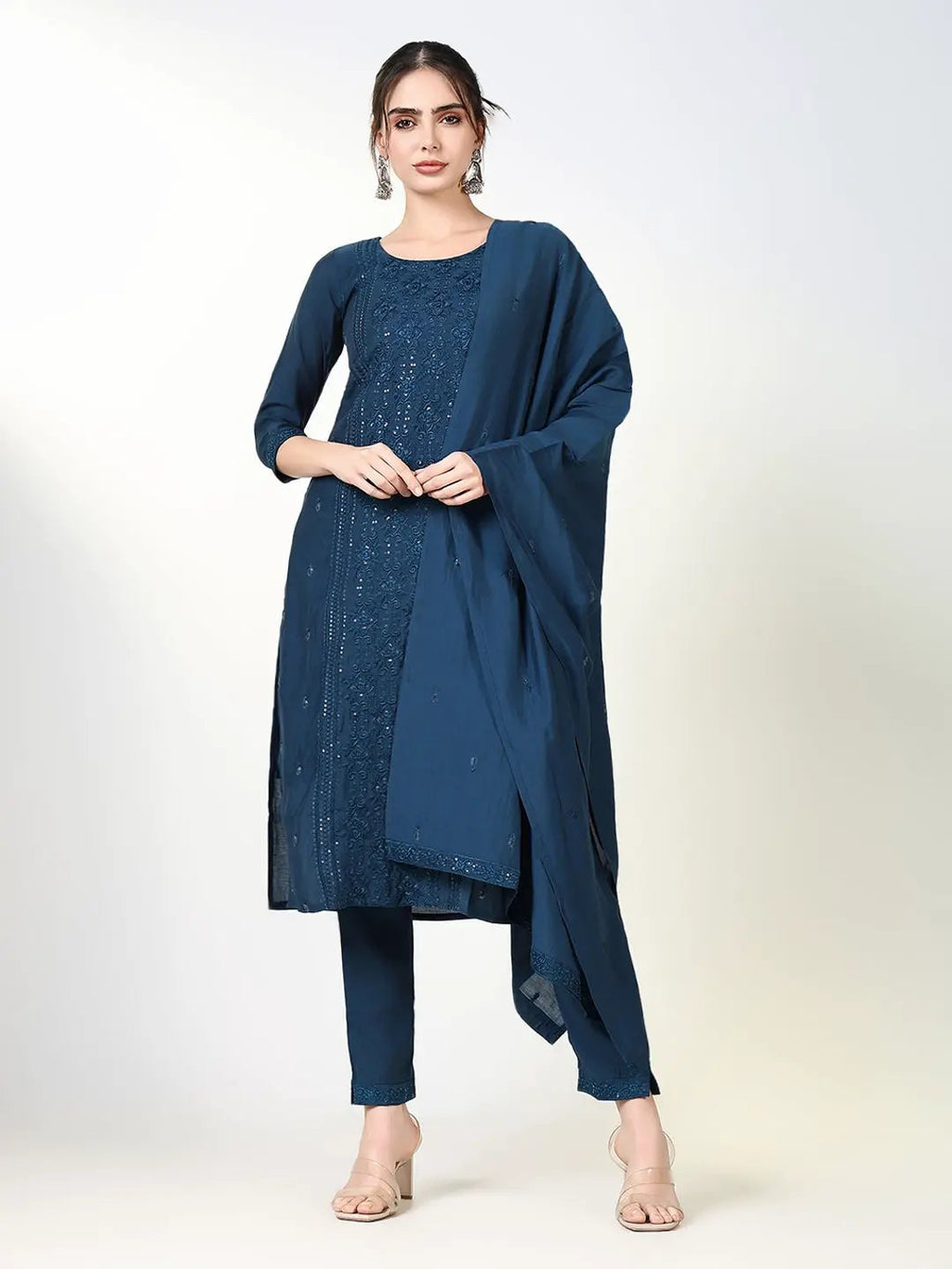 Women's Solid Teal Straight Kurta Set with Dupatta