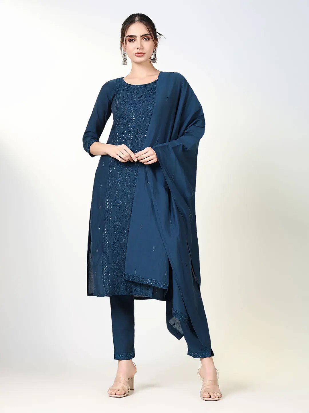 Women's Solid Teal Straight Kurta Set with Dupatta