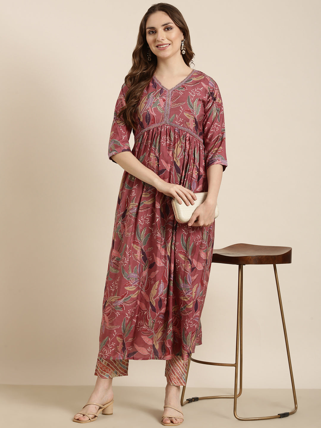 Women's Anarkali Pink Floral Kurta Sets With Trousers