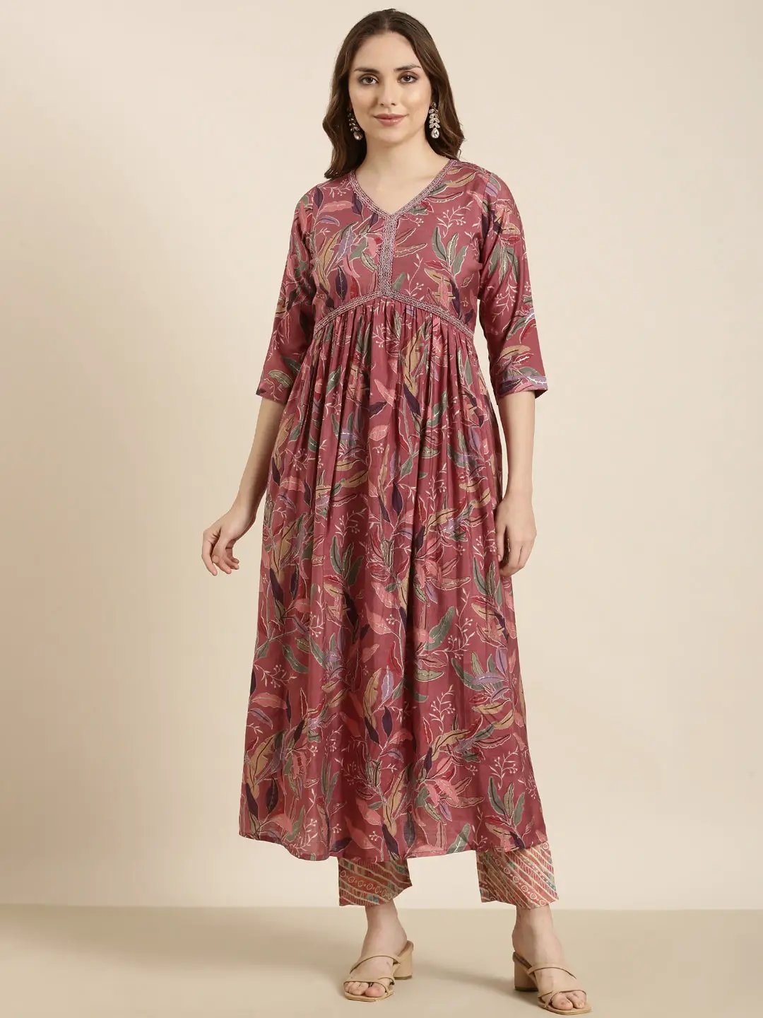 Women's Anarkali Pink Floral Kurta Sets With Trousers